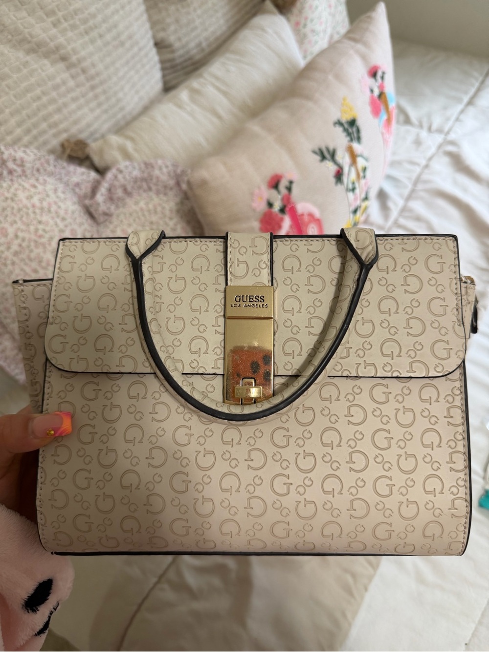 Guess Cream Logo Top-Handle Mini Satchel with Gold Hardware